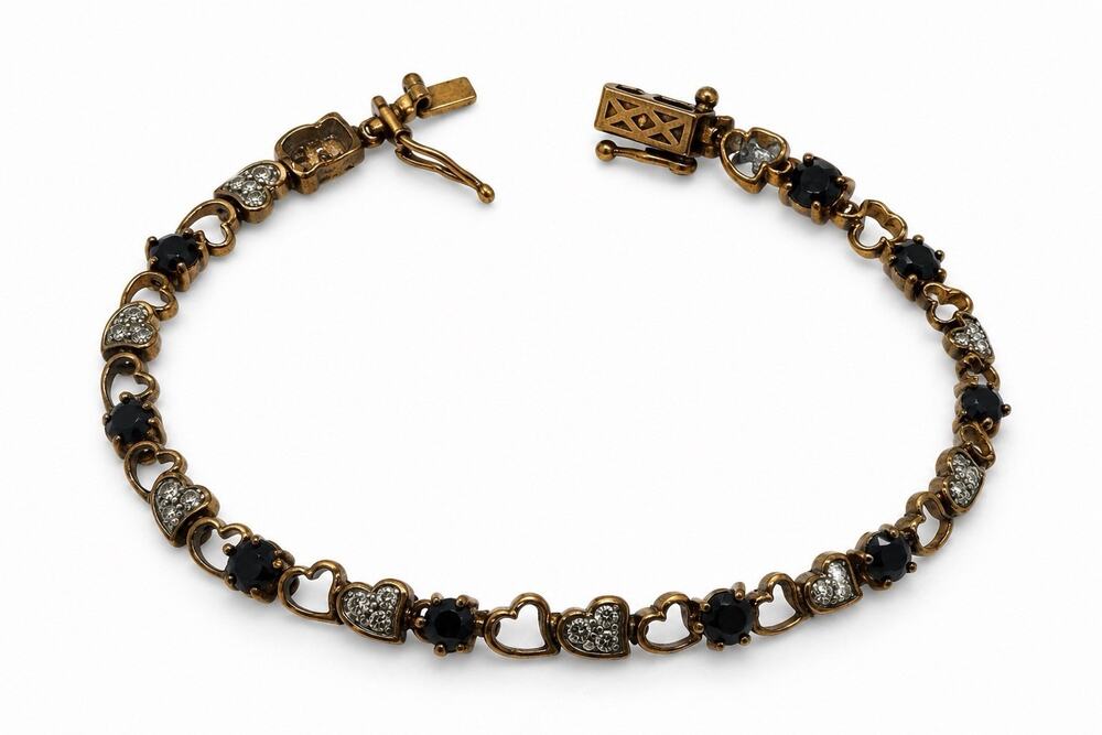 925 Sterling Silver Gold Plated Sapphire Heart Bracelet Size 7.5